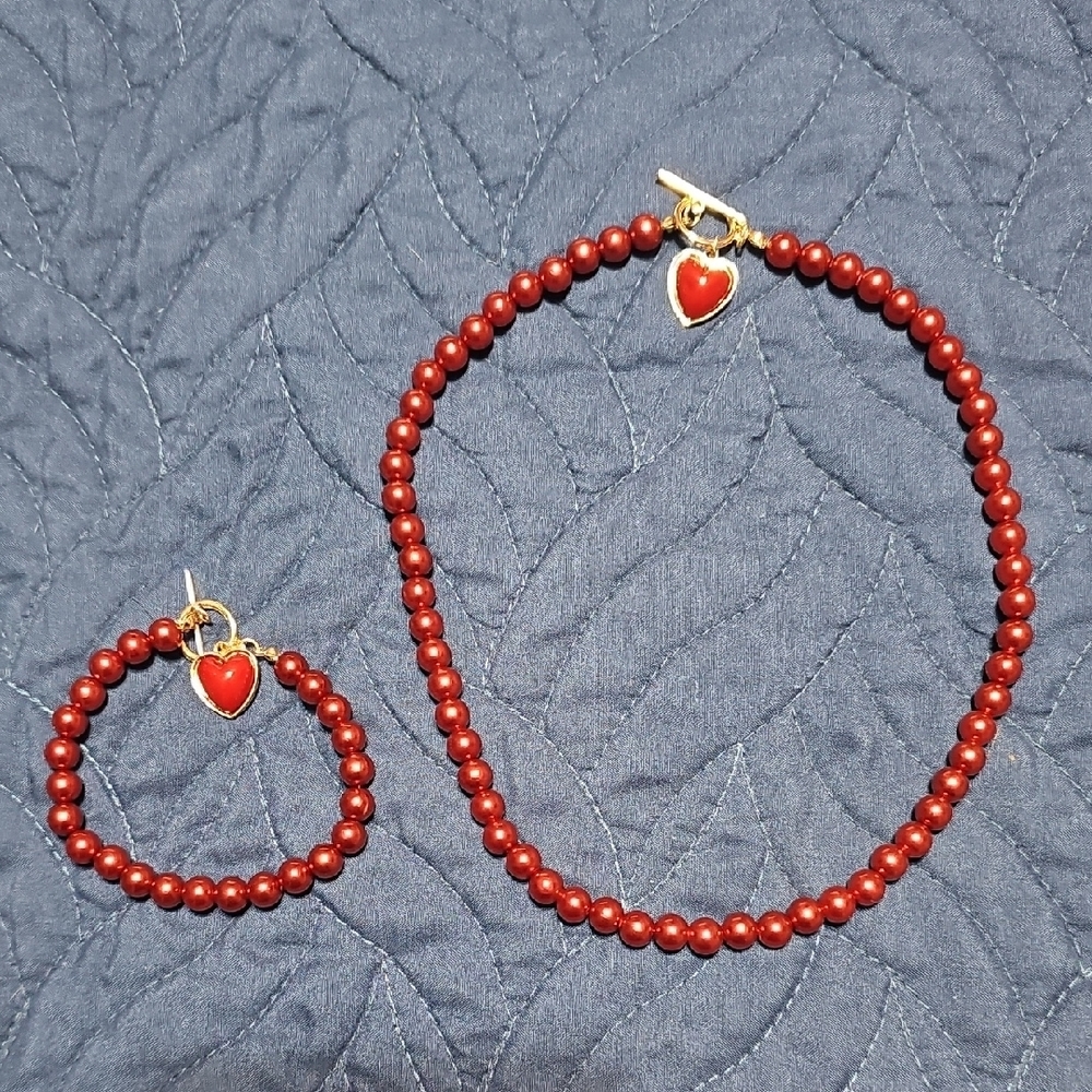 Maroon and Gold Beaded Necklace And Bracelet with Heart Charm